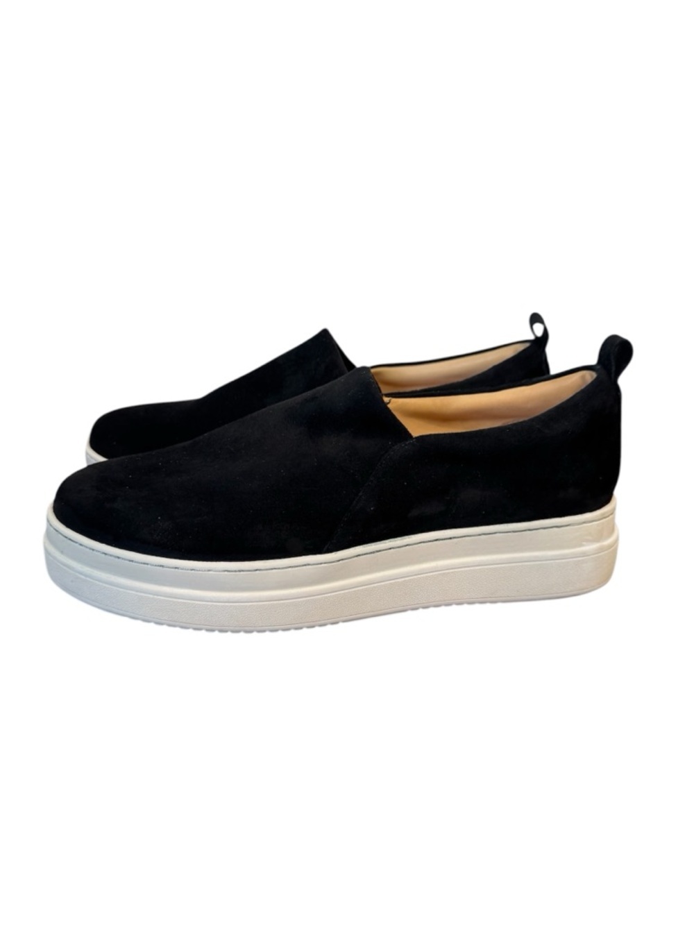 J/SLIDES Black Suede Slip-On Platform Clogs with White Sole